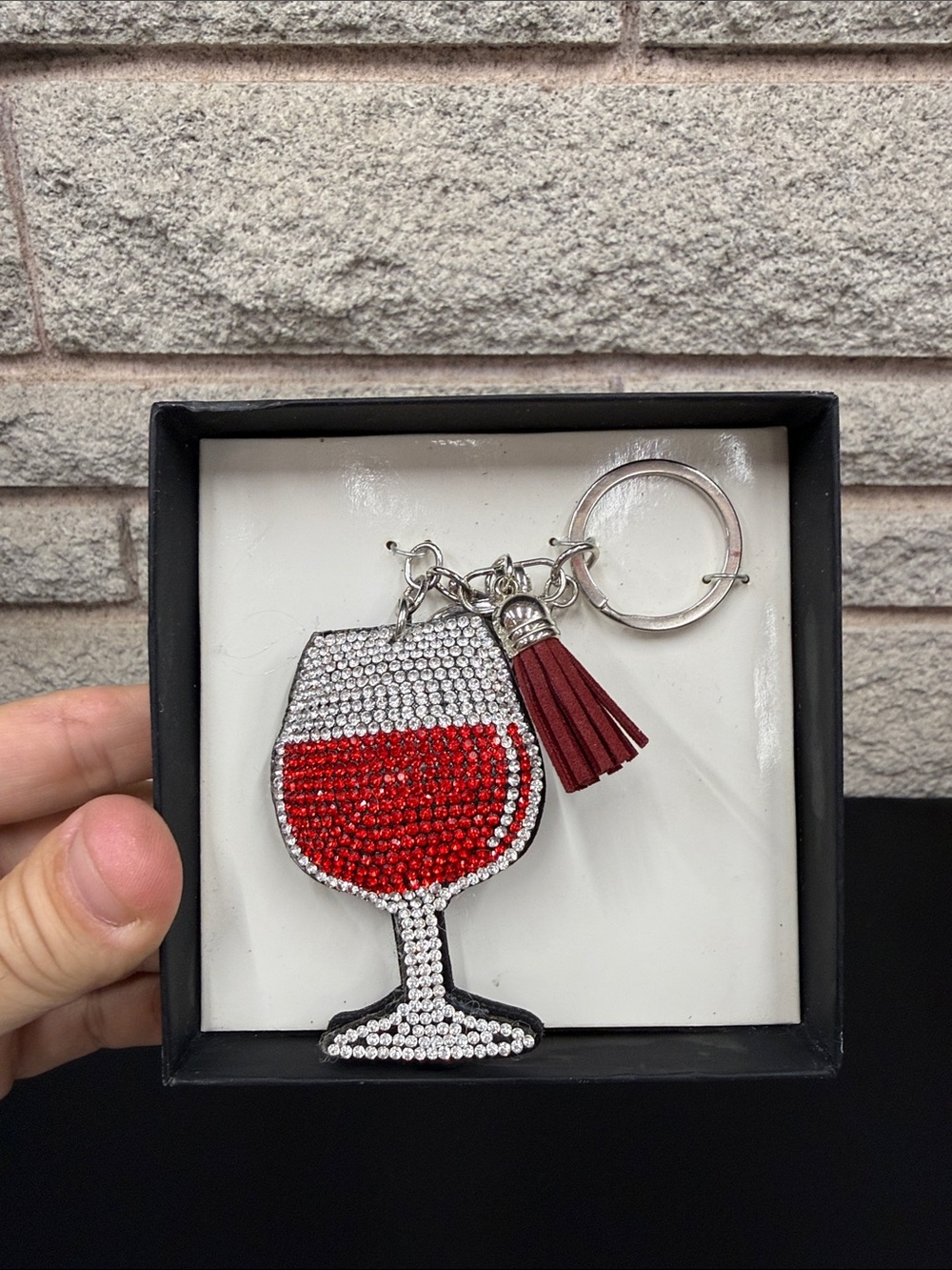 Rhinestone Red Wine Glass Keychain with Tassel